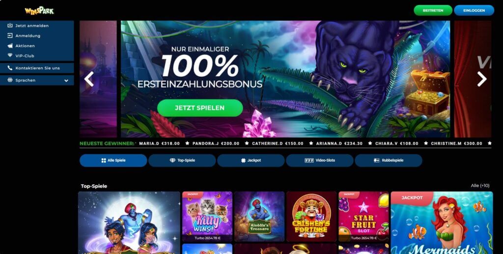 Auf der Startseite des Winspark Casinos wird der 100% Willkommensbonus prominently beworben.