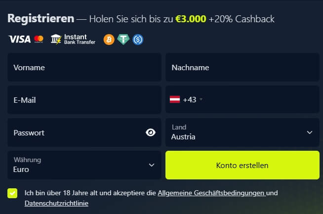 Ein neues Konto kann in weniger als einer Minute erstellt werden.